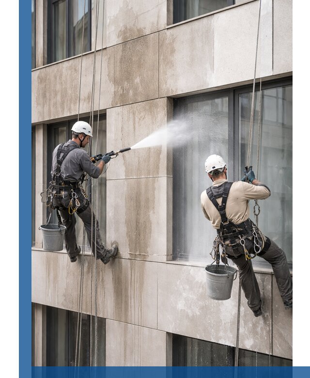 Послестроительная мойка фасада промышленным альпинизмом в Стрежевом