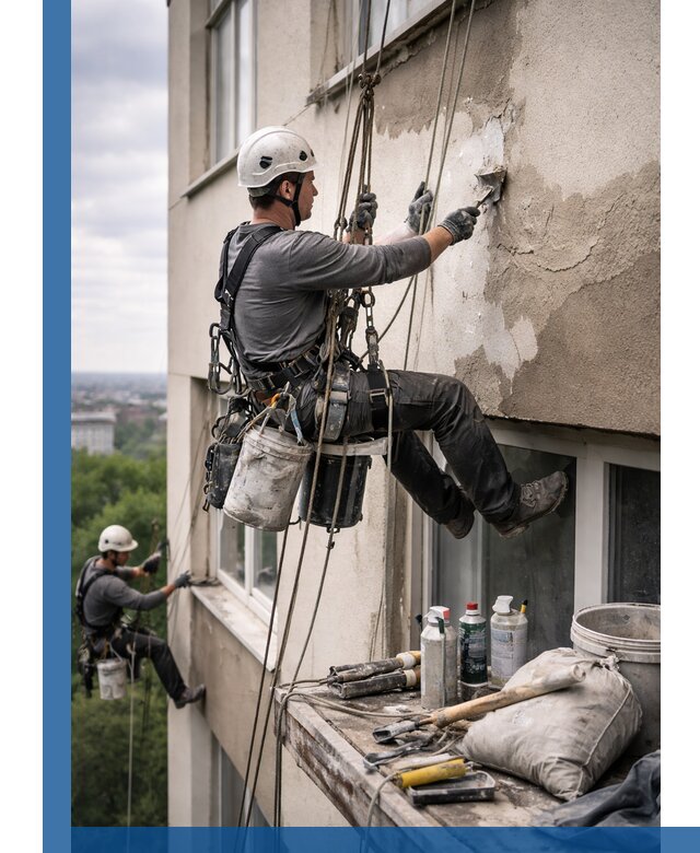 Косметический ремонт фасада зданий в Стрежевом промышленными альпинистами