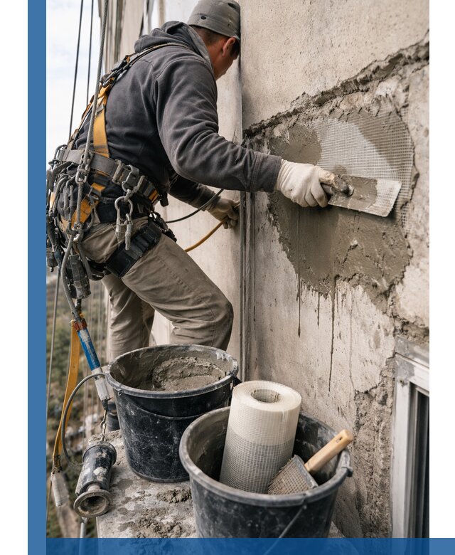 Ремонт бетонных элементов фасада промышленными альпинистами в Стрежевом