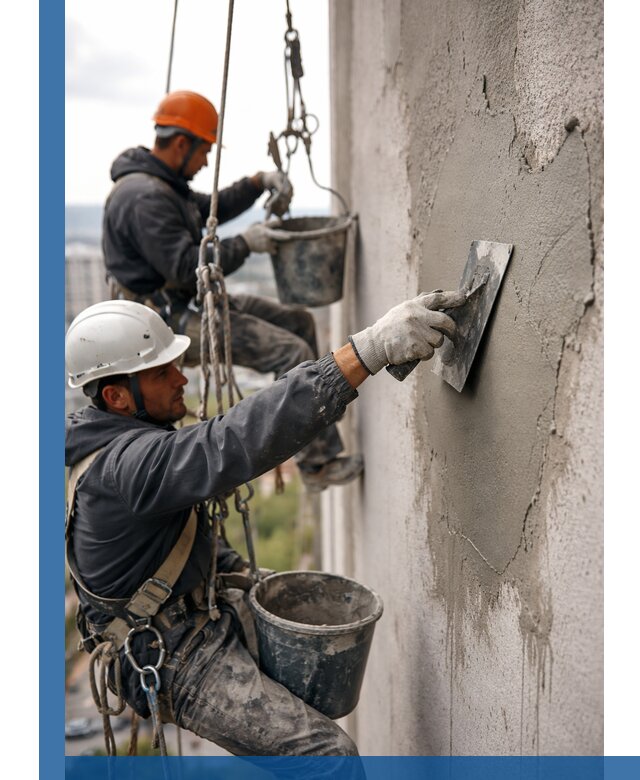 Штукатурка фасада на высоте в Стрежевом профессиональные работы