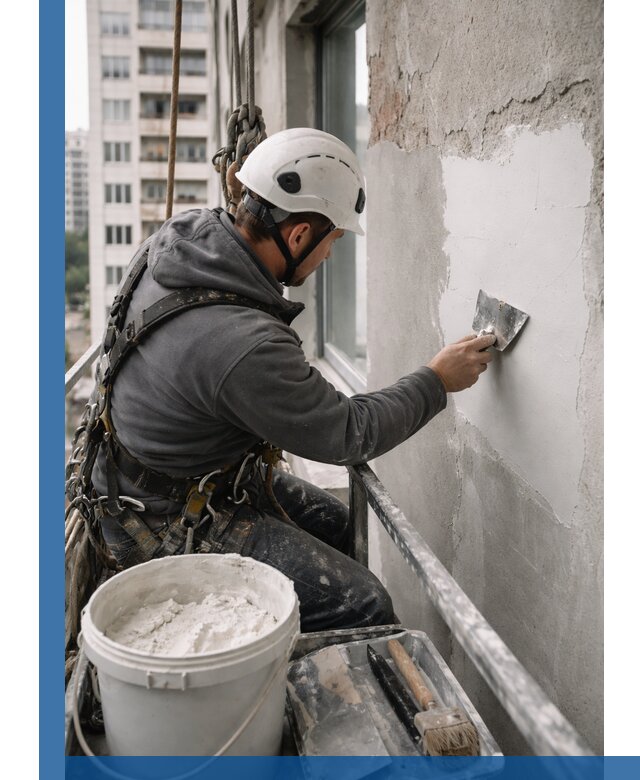 Шпаклевка фасадов на высоте с промальпинистами в Стрежевом