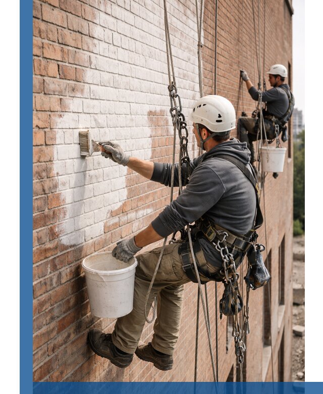 Покраска кирпичного фасада с доступным альпинистским сервисом в Стрежевом