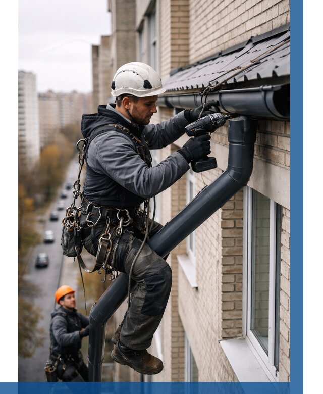 Монтаж водосточной системы на здании в Стрежевом от 5098 р. | ВЫСОТНИК-Стж