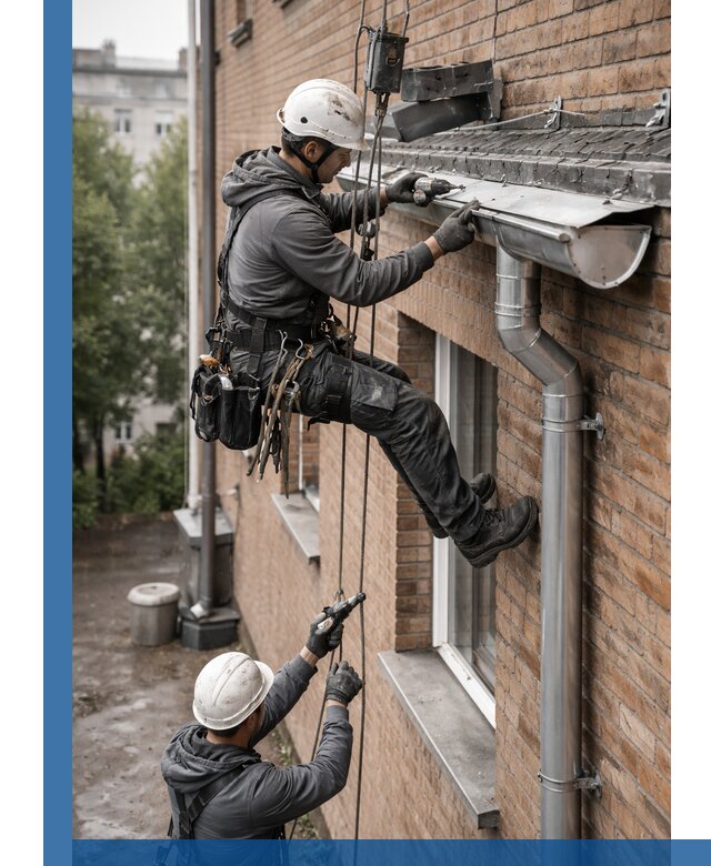 Монтаж водосточной системы на здании в Стрежевом под ключ