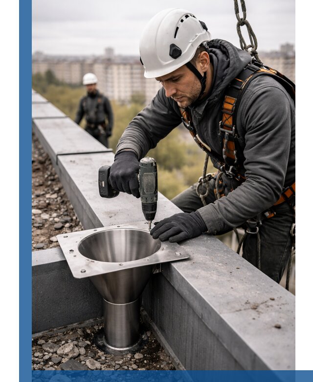 Монтаж водосточных воронок в Стрежевом для промышленных зданий