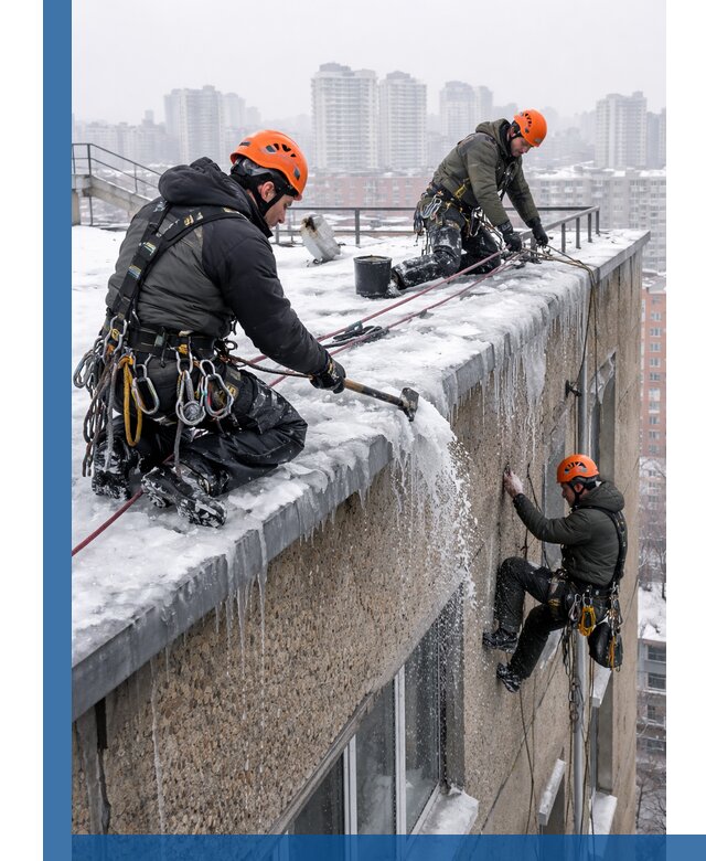 Удаление наледи с кровли в Стрежевом промышленными альпинистами