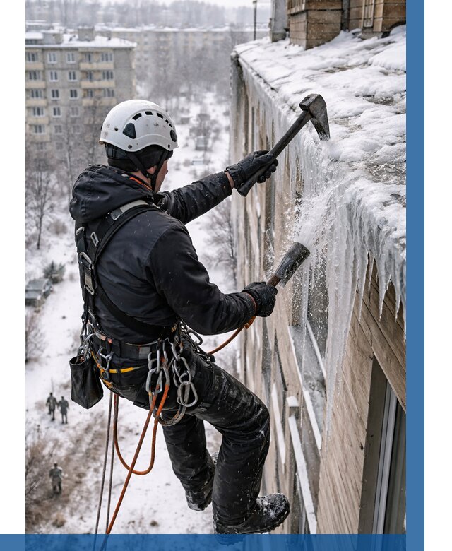 Сбивание сосулек с крыши в Стрежевом по цене от 4588 р. | ВЫСОТНИК-Стж