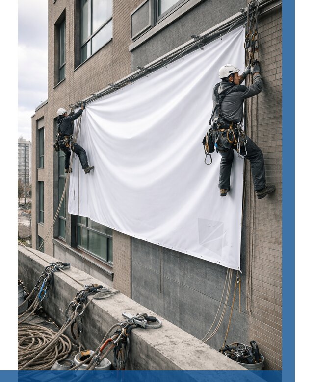 Монтаж баннеров на фасаде в Стрежевом от 663 р. заказать ВЫСОТНИК-Стж