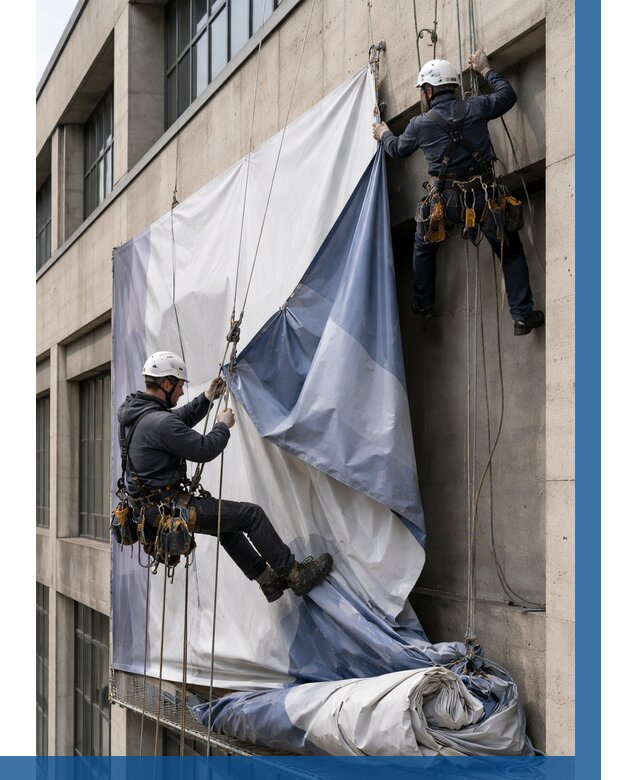 Демонтаж баннеров с фасада в Стрежевом от 4588 р. | ВЫСОТНИК-Стж