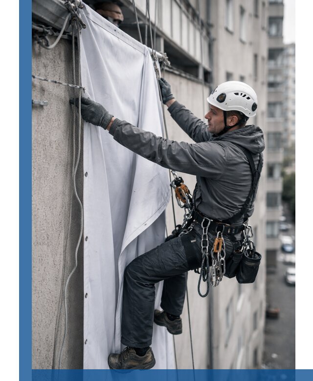 Замена баннерного полотна промышленными альпинистами в Стрежевом