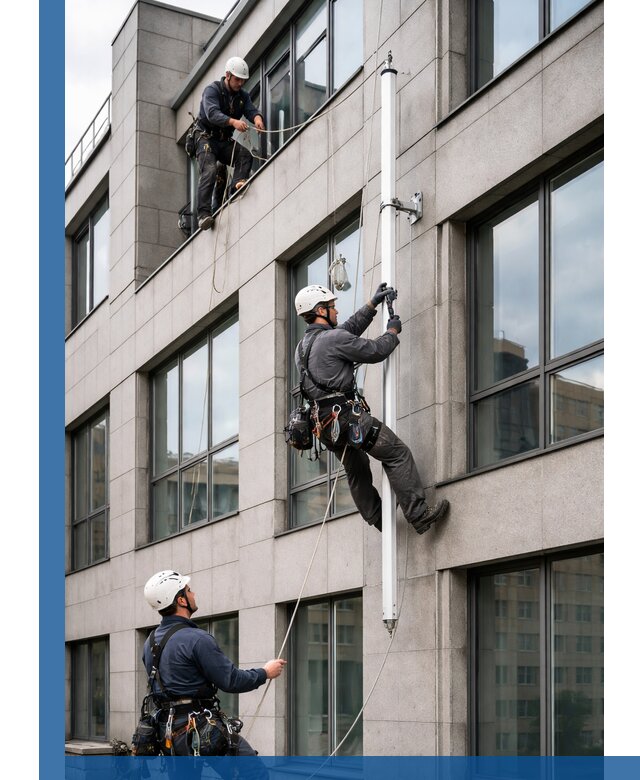 Монтаж флагштока на фасаде здания с креплением и герметикой в Стрежевом