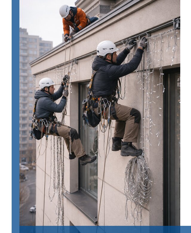 Монтаж праздничных гирлянд на фасаде в Стрежевом для зданий