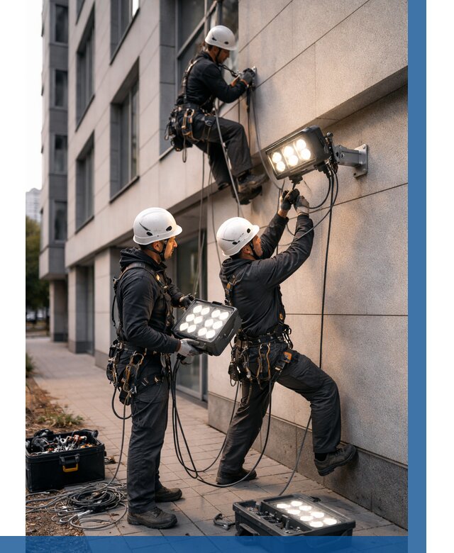 Монтаж прожекторов на фасаде в Стрежевом от 7646 р. | ВЫСОТНИК-Стж