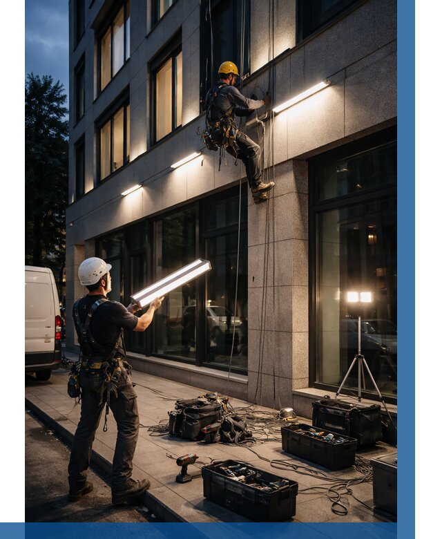 Монтаж архитектурной подсветки здания в Стрежевом от 2549 р.|ВЫСОТНИК-Стж