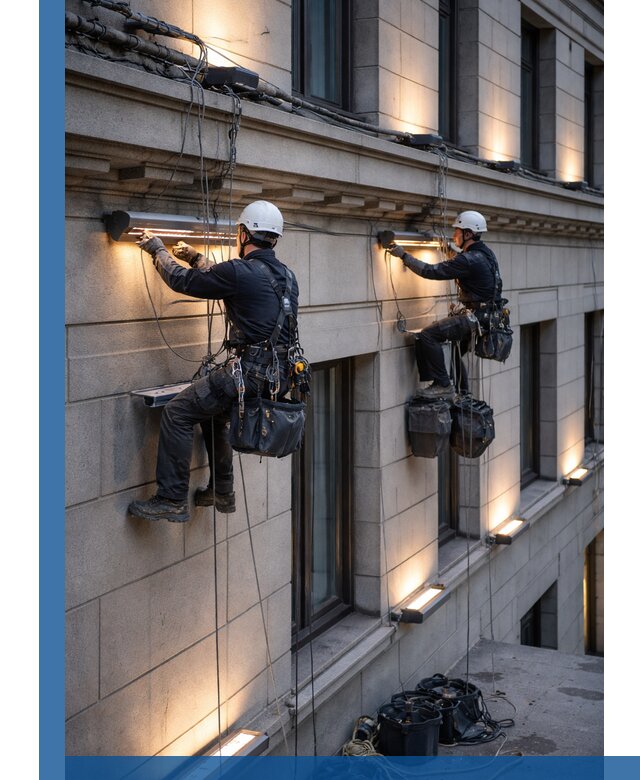 Монтаж архитектурной подсветки фасадов зданий в Стрежевом