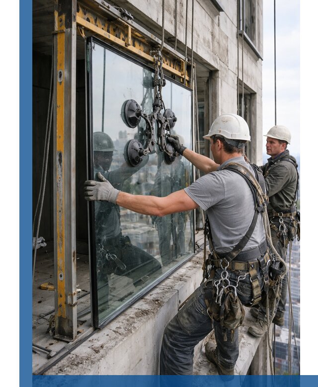 Монтаж стеклопакетов на высоте в Стрежевом с промышленным альпинизмом