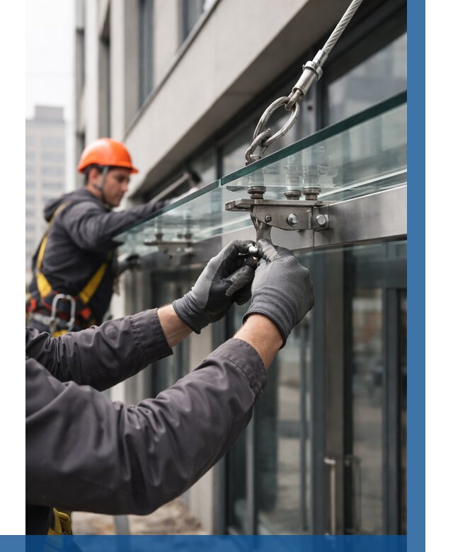 Монтаж стеклянных козырьков в Стрежевом от 8666 р. | ВЫСОТНИК-Стж