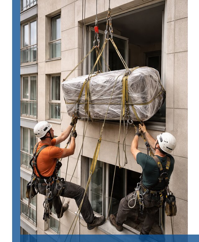 Подъем грузов через окно в Стрежевом промышленными альпинистами