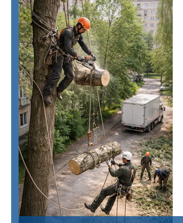 Спил деревьев альпинистами в Стрежевом, безопасно и без повреждений