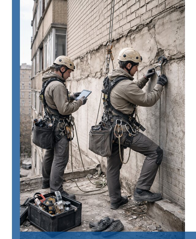 Обследование фасада промышленными альпинистами в Стрежевом